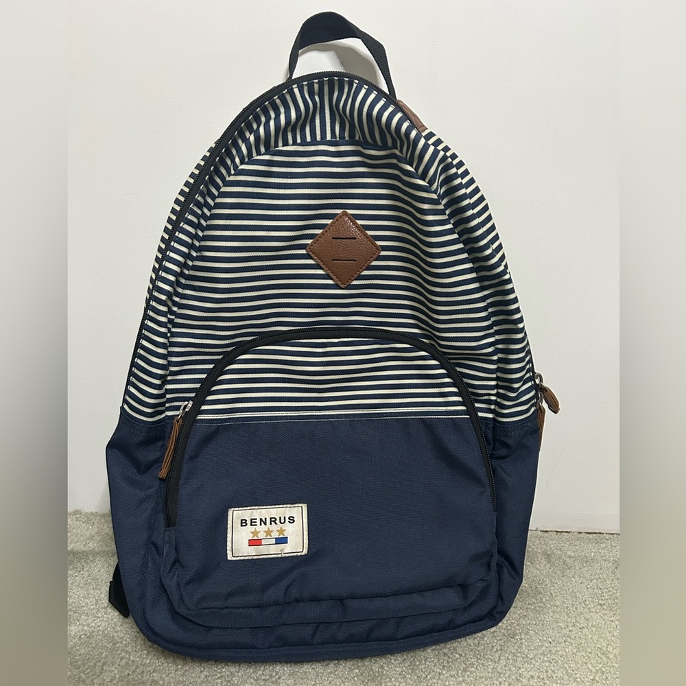 BENRUS NAVY BLUE AND STRIPED CANVAS BACKPACK WITH MULTIPLE ZIPPER POCKETS